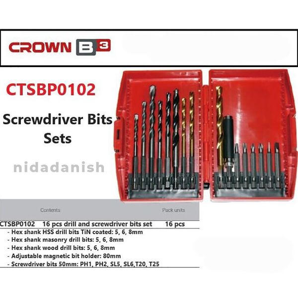 Crown Screwdriver and Drill Bits Set 16 Pcs CTSBP0102